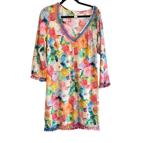 Sundance Long Sleeve Floral Pom Pom V Neck Dress Swim Coverup Medium Cotton - Picture 3 of 12